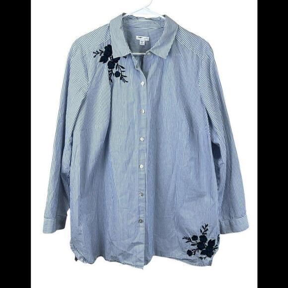 J. Jill Women's Embroidered  Blue Striped Button Up Long Sleeve Top‎ Size 1X - Picture 1 of 5